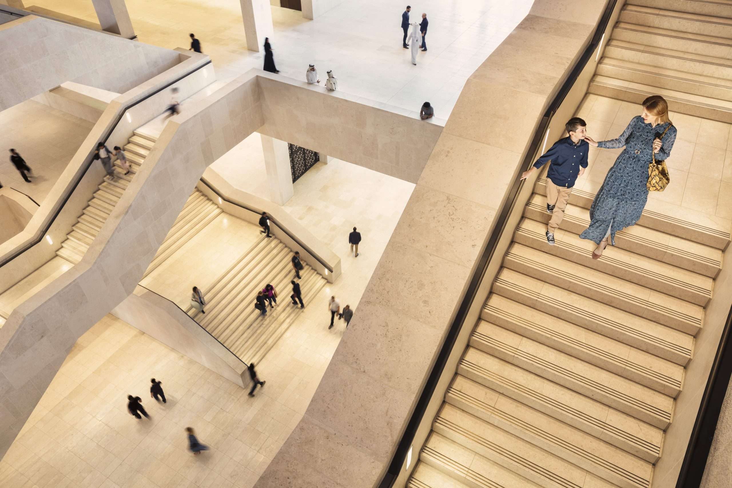A modern architectural view of M7 Msheireb Downtown a shopping area with a unique patterned roof